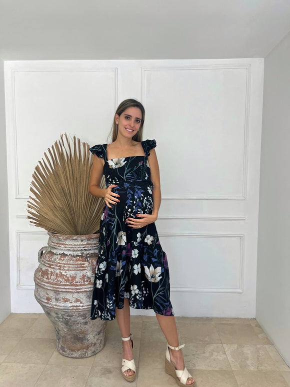 Vestido de maternidad Dalia negro flores blancas