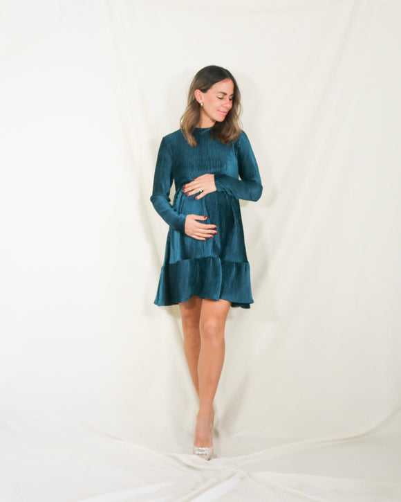 Vestido de maternidad, verde terciopelo rayas Gaby corto