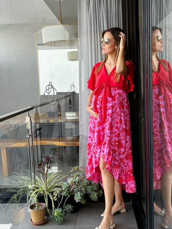 Vestido de Maternidad, Love Carlota rojo con flores rojas