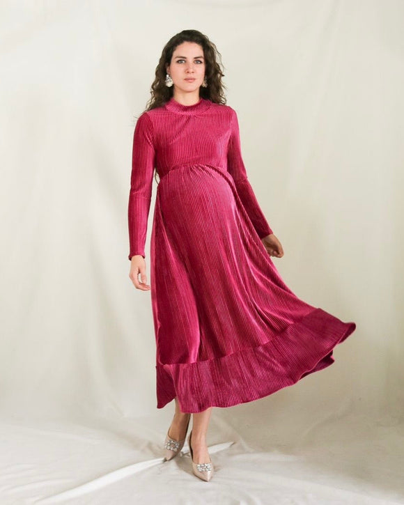 Vestido de maternidad, rosa terciopelo rayas Gaby largo