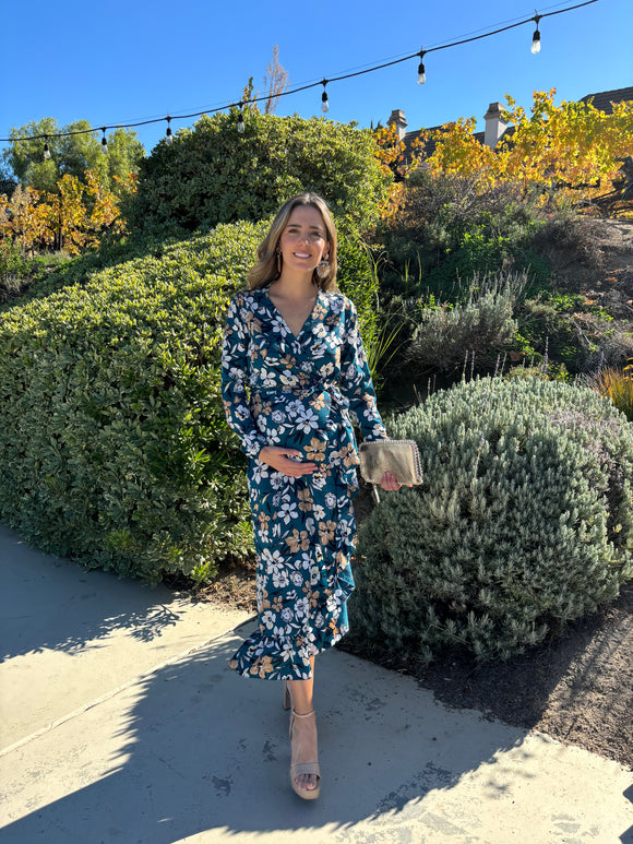Vestido de maternidad, Ursula verde con flores mostazas