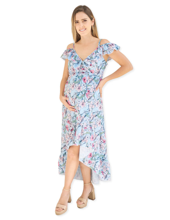 Vestido de maternidad y lactancia, Carlota azul con flores rosas