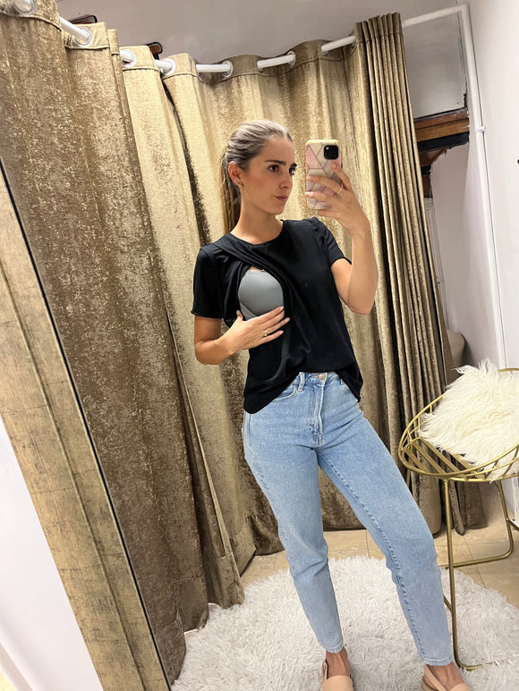 Blusa de lactancia, negra esme algodón