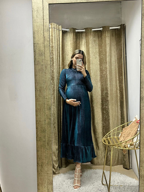 Vestido de maternidad, verde terciopelo rayas Gaby largo