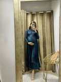 Vestido de maternidad, verde terciopelo rayas Gaby largo