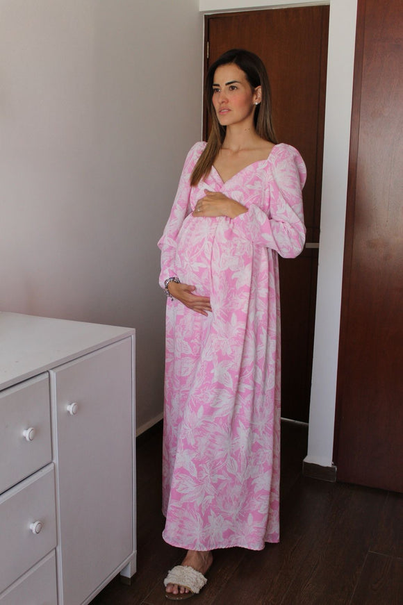 Vestido maternidad Priscila largo, rosa y flores blancas