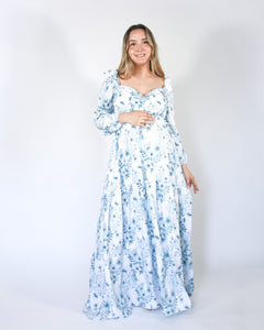 Vestido maternidad Priscila largo, blanco con azul