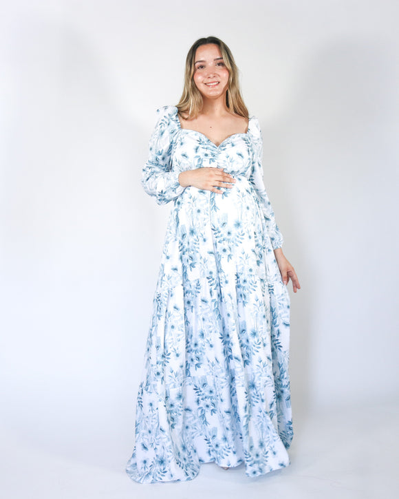 Vestido maternidad Priscila largo, blanco con azul
