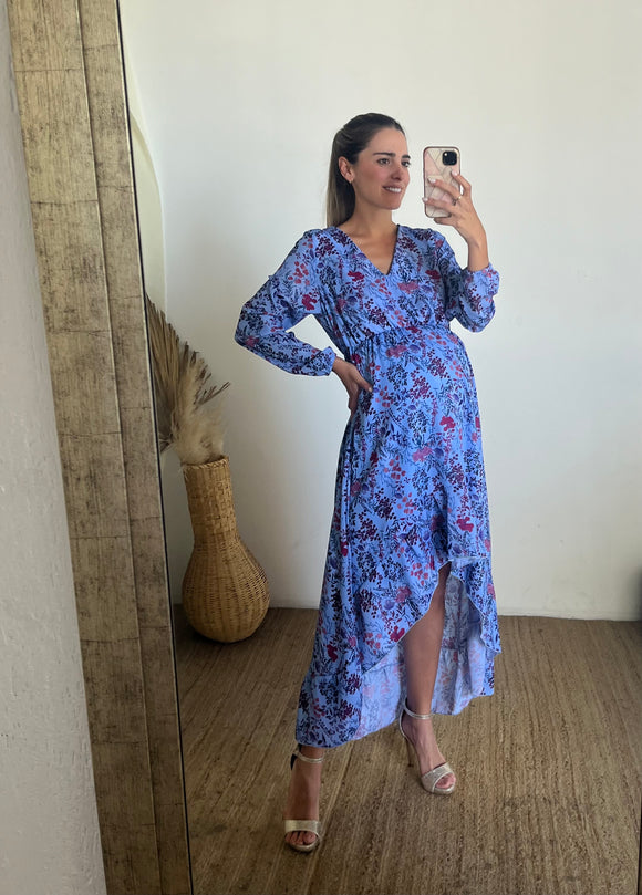 Vestido de Maternidad, Sofia/Carlota azul flores rojas