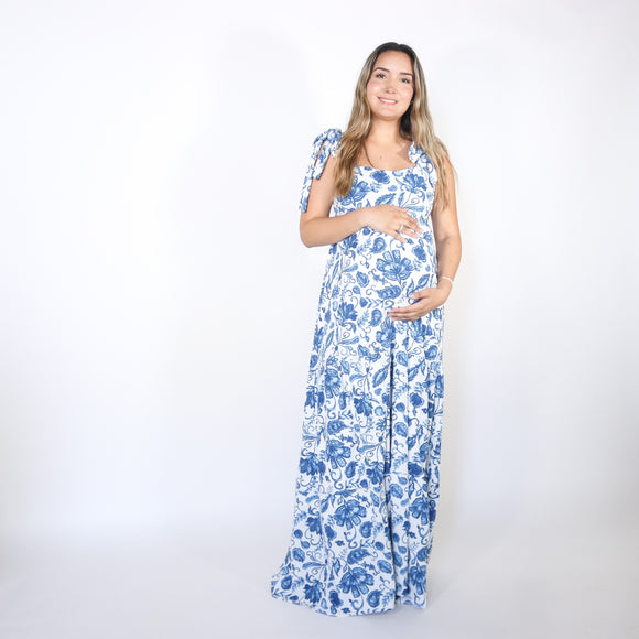 Vestido de maternidad Dalia blanco flores azules