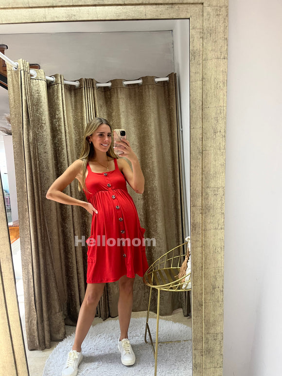 Vestido de maternidad algodón con botones y bolsillos rojo