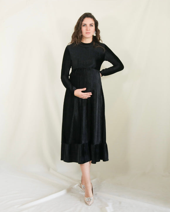 Vestido de maternidad, negro terciopelo rayas Gaby largo