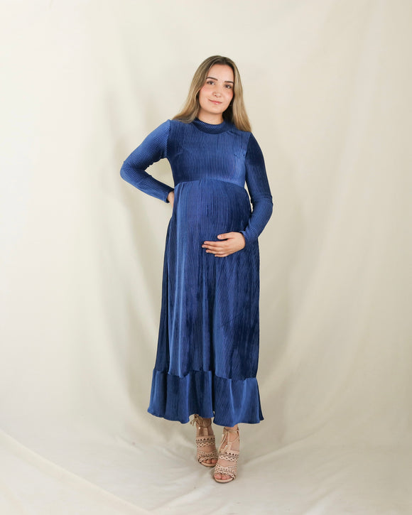 Vestido de maternidad, azul terciopelo rayas Gaby largo