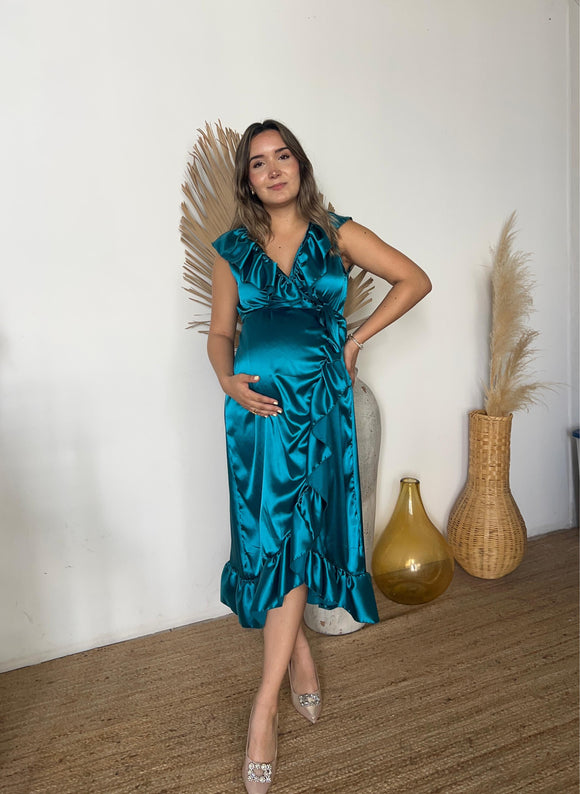 Vestido de maternidad María Luisa, azul verdoso satinado CH