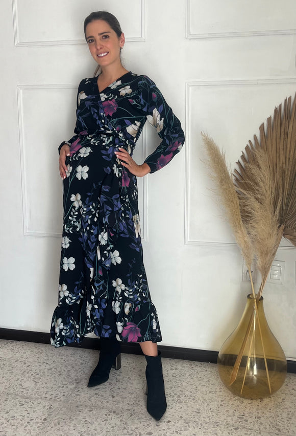 Vestido de maternidad, Ursula negra flores blancas mangas largas