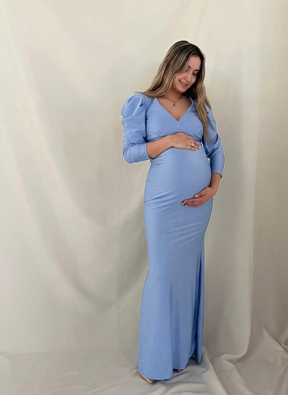 Vestido de maternidad azul cielo brilloso, Yuridia
