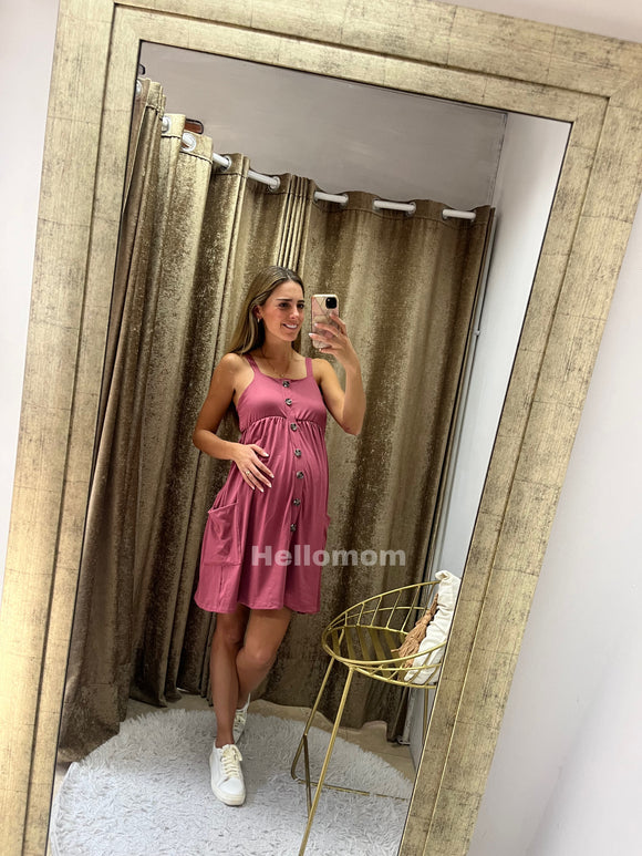 Vestido de maternidad algodón con botones y bolsillos rosa