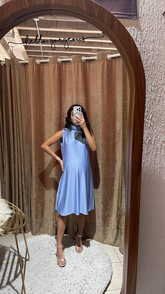 Vestido cuello tortuga azul licra brilloso