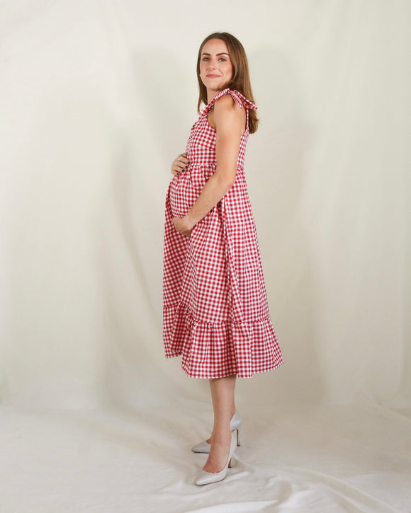 Vestido de maternidad y lactancia Rubi, cuadros rojos