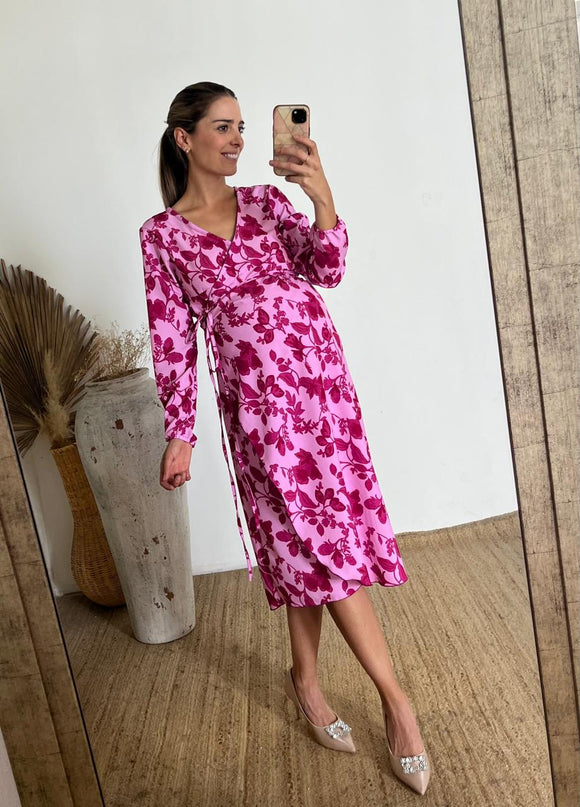 Vestido de maternidad Natalia midi rosa flores rosas manga larga