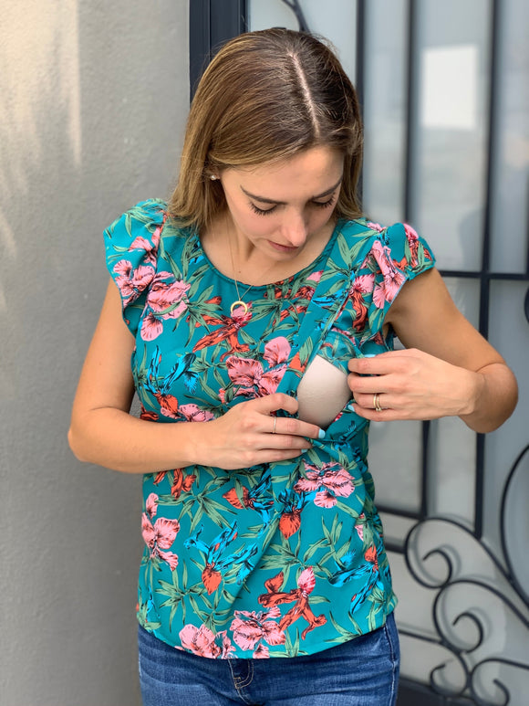 Blusa de lactancia, Andy verde con flores naranjas G