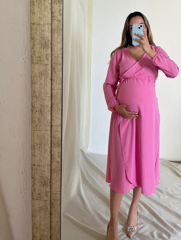 Vestido de maternidad Natalia midi rosa cey manga larga