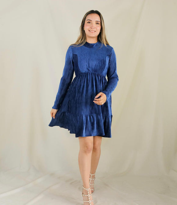 Vestido de maternidad, azul terciopelo rayas Gaby corto