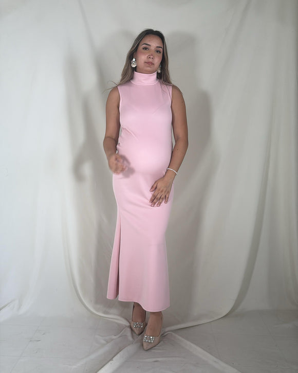 Vestido de maternidad, cuello de tortuga rosa claro neopreno sin mangas largo