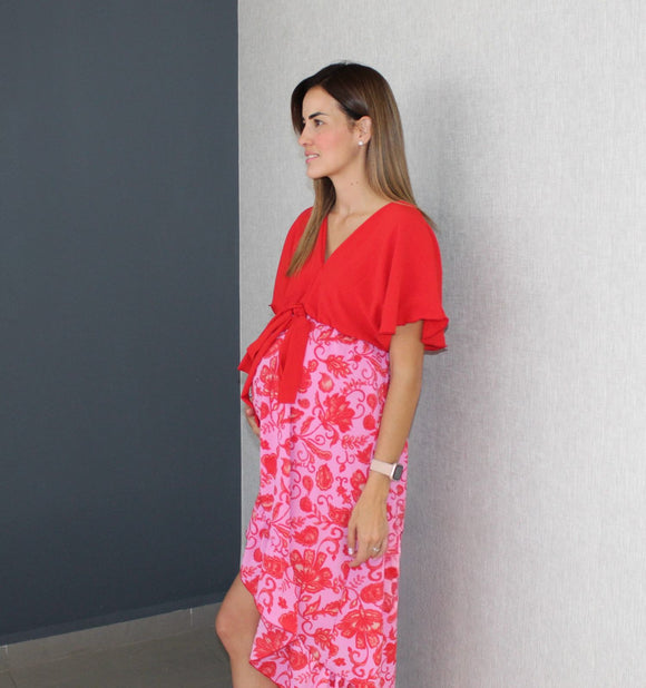 Vestido Love Carlota rojo con flores rosas G