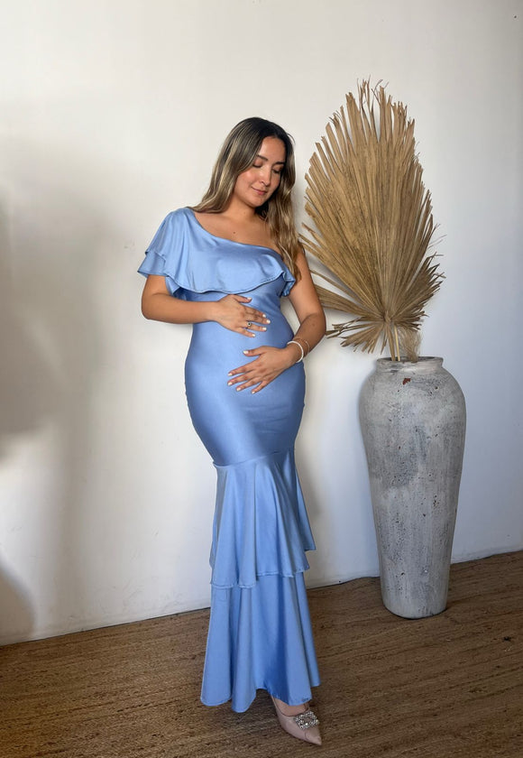 Vestido de maternidad Regina azul cielo brilloso