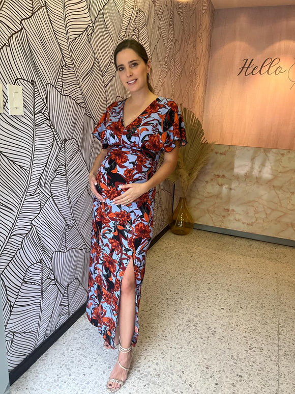 Vestido de maternidad Love, azul flores naranjas