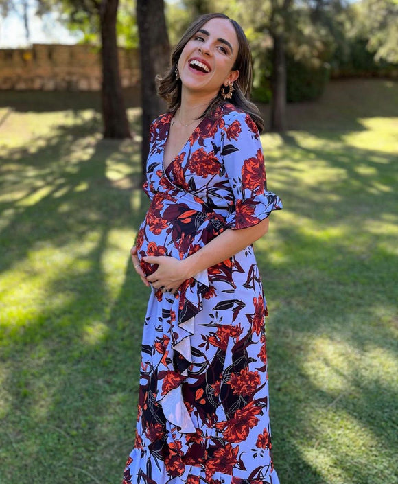 Vestido de maternidad, Ursula flores naranjas con azul