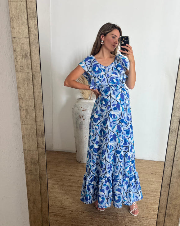 Vestido de Maternidad, Cristina azul flores tallos CH