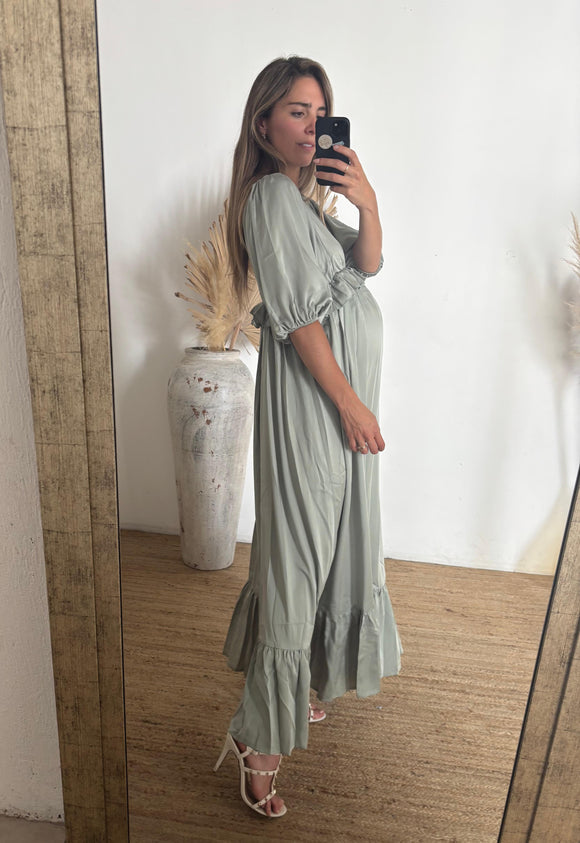 Vestido de maternidad Emilia, verde olivo satinado CH