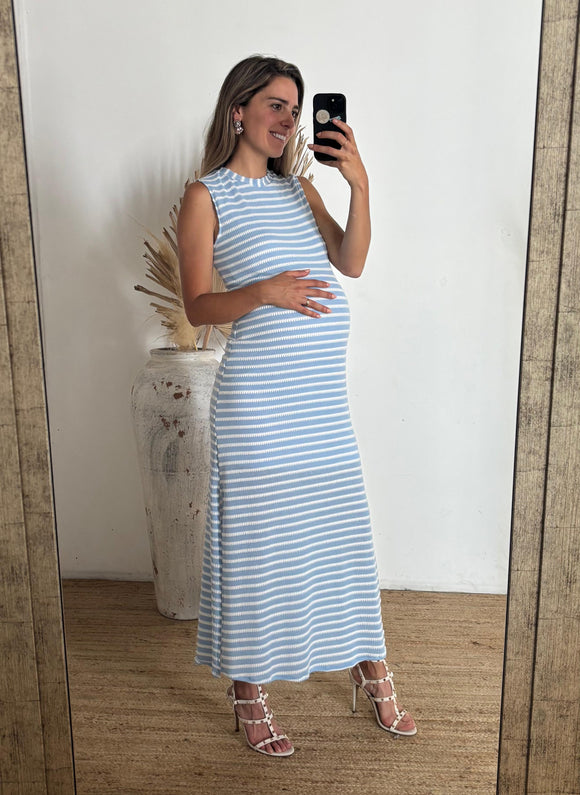 Vestido de maternidad Leslie, azul cielo rayas
