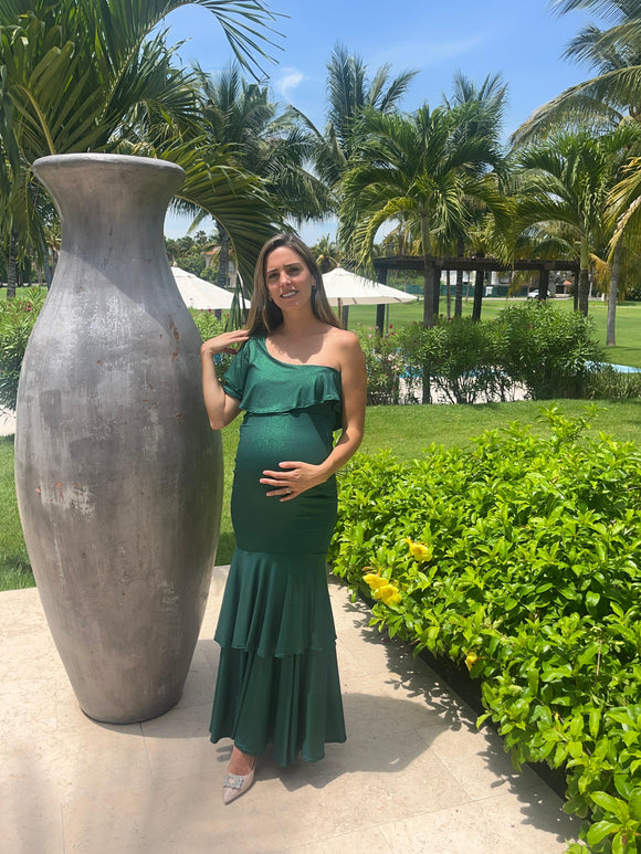 Vestido de maternidad Regina verde brillosa licra