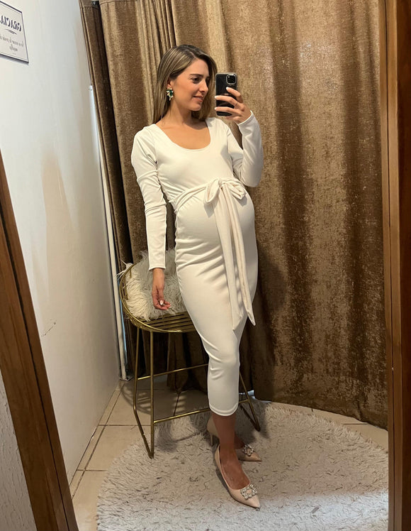 Vestido de maternidad, Olivia ivory rayitas con moño y mangas CH