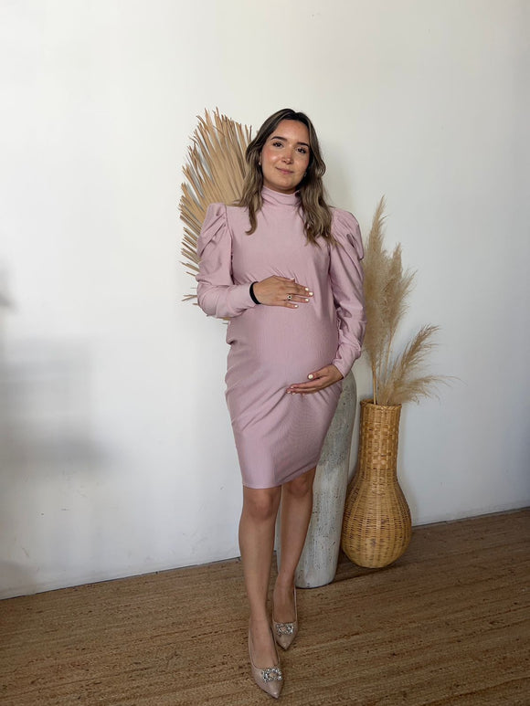 Vestido de maternidad, cuello de tortuga rosa rayitas claro