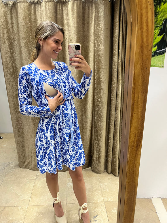 Vestido maternidad y lactancia Romina azul flores blancas