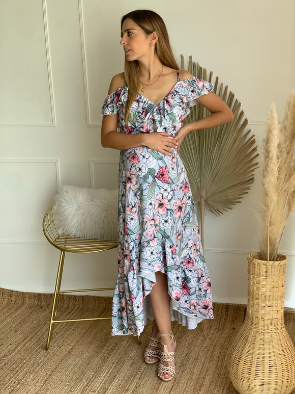 Vestido de maternidad y lactancia, Carlota azul con flores rosas CH, XG