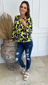 Blusa de lactancia Daniela, amarilla flores azules