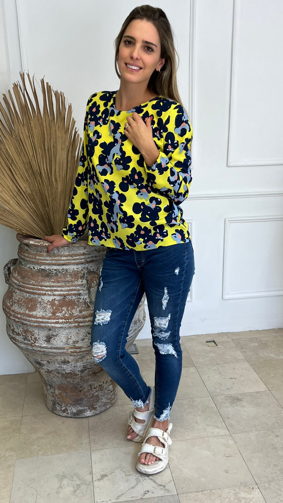 Blusa de lactancia Daniela, amarilla flores azules
