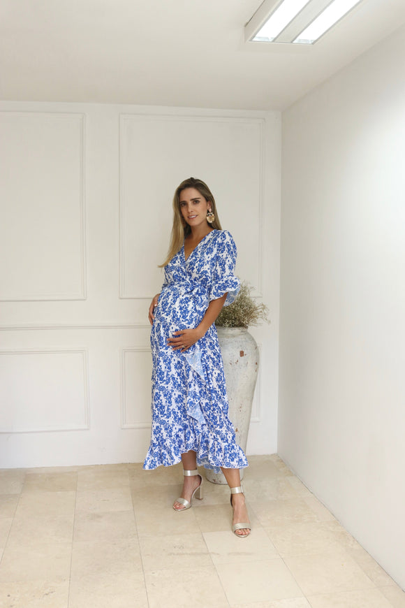 Vestido de maternidad, Ursula blanco flores azules CH, M y XG