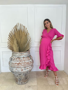 Vestido de maternidad Ursula rosa barbie con olanes