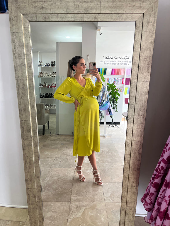 Vestido de maternidad Natalia midi verde limón manga larga