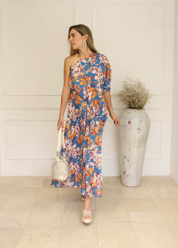 Vestido Zoe , azul flores guindas