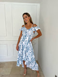 Vestido de maternidad y lactancia, Carlota azul con flores blancas CH