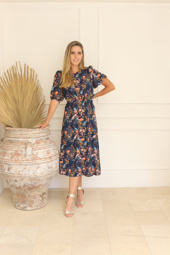 Vestido Tamara, azul flores rayón