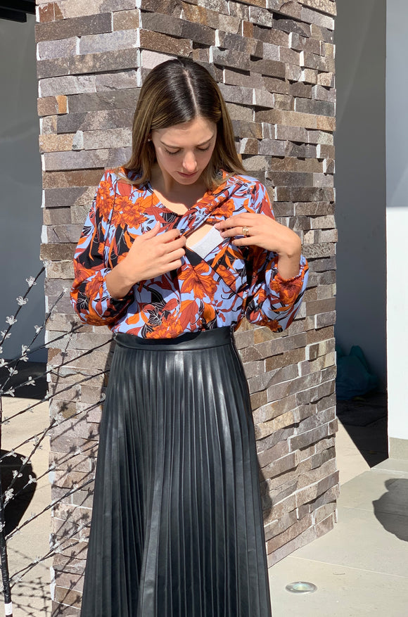 Blusa de Lactancia, Daniela Azul Flores naranjas