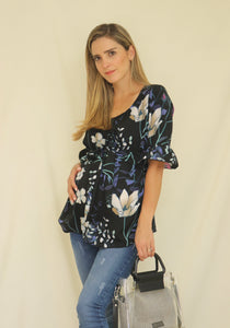 Blusa de maternidad, Luciana negra flores blancas